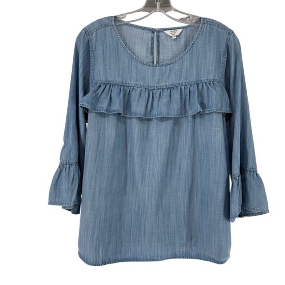 crown & ivy Tops - Crown And Ivy Chambray Top Ruffle Blue 3/4 Sleeve Petite Large Boho Preppy Flare